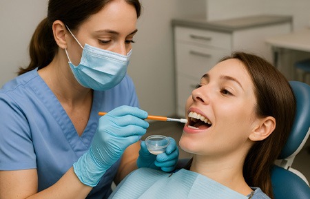 Dentist in light blue scrubs applying fluoride to woman’s teeth