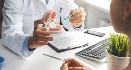 Dentist using pen to point to model of teeth