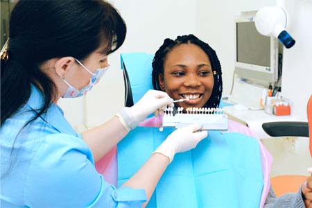 Dentist using shade guide